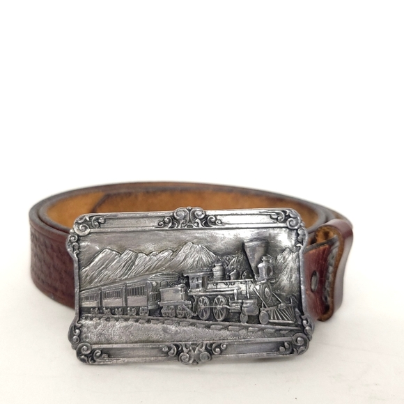 Vintage Railroad Steam Engine Train figural scenic pewter belt with metal buckle - Picture 2 of 10